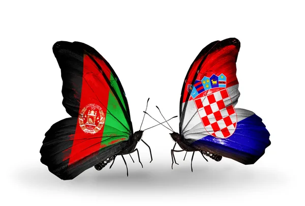 Afganistan ve Hırvatistan bayrakları taşıyan iki kelebek — Stok fotoğraf