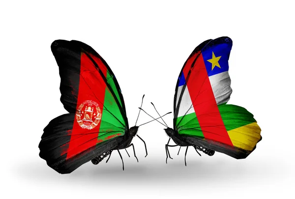 Dos mariposas con banderas de Afganistán y CAR — Foto de Stock