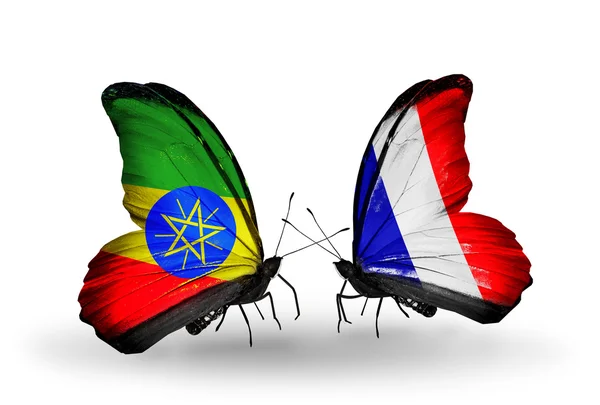 Two butterflies with flags  of Ethiopia and France — Stock Photo, Image