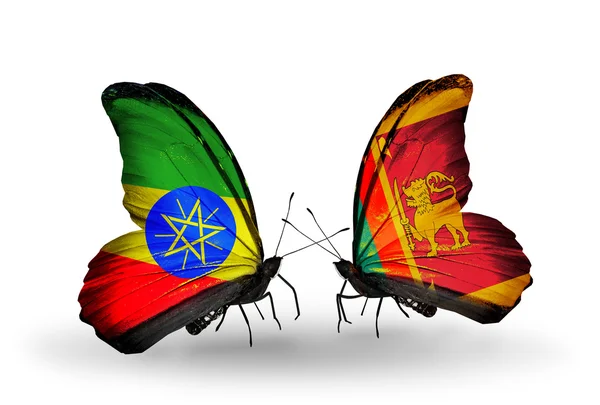 Two butterflies with flags  of Ethiopia and Sri Lanka — Stock Photo, Image