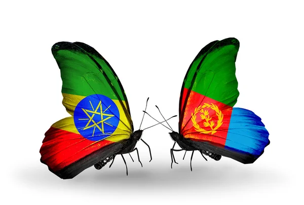 Dwa motyle z flagi Etiopii i Erytrei — Zdjęcie stockowe