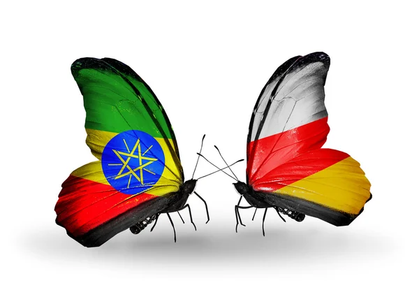 Two butterflies with flags  of  Ethiopia and South Ossetia — Stock Photo, Image