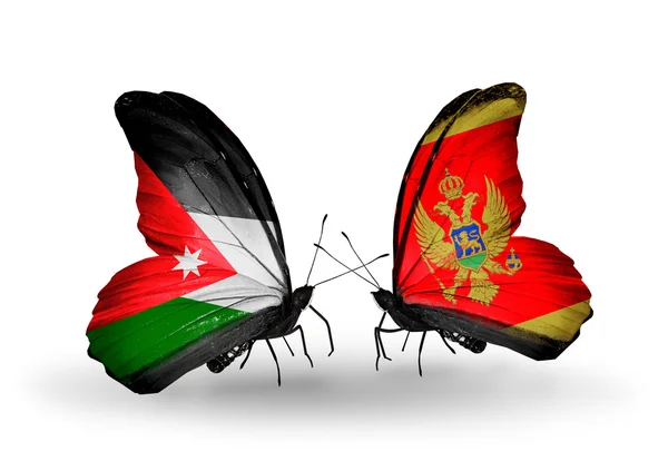 Two butterflies with flags  of  Jordan and Montenegro — Stock Photo, Image