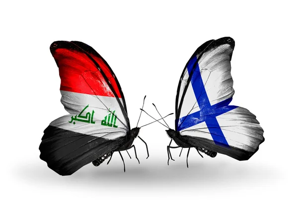 イラクとフィンランドの国旗と 2 匹の蝶 — ストック写真