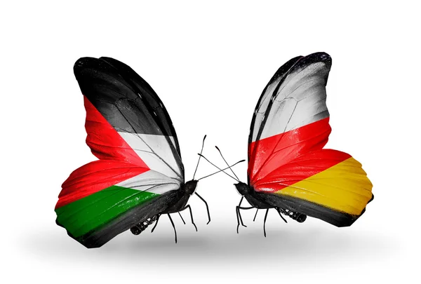 两只蝴蝶与巴勒斯坦和南奥塞梯的国旗 — 图库照片