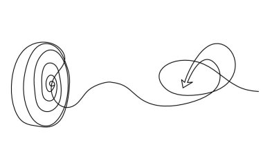 Hedef çemberdeki soyut ok beyaz arkaplanda sürekli çizgi çizimi olarak