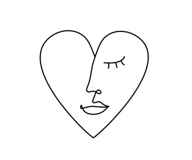 Kadın silueti kalp şeklinde, beyaz üzerine çizgi çizimi gibi.