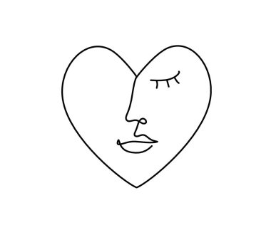 Kadın silueti kalp şeklinde, beyaz üzerine çizgi çizimi gibi.