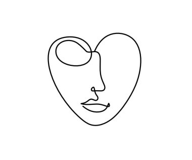 Kadın silueti kalp şeklinde, beyaz üzerine çizgi çizimi gibi.