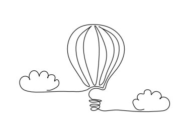 Beyaz arkaplan üzerine çizgi çizen bulutlu soyut hava balonu