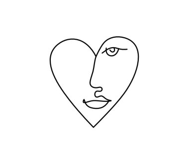 Kadın silueti kalp şeklinde, beyaz üzerine çizgi çizimi gibi.