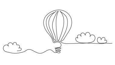Beyaz arkaplan üzerine çizgi çizen bulutlu soyut hava balonu