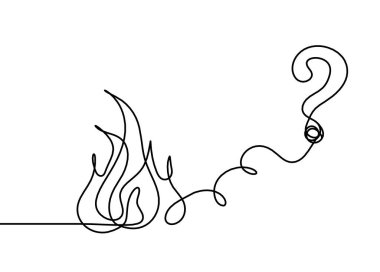 Beyaz arkaplanda çizgi çizimi olarak soru işareti olan soyut ateş