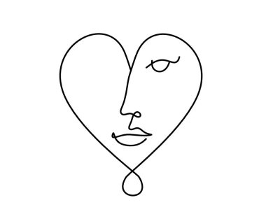 Kadın silueti kalp şeklinde, beyaz üzerine çizgi çizimi gibi.