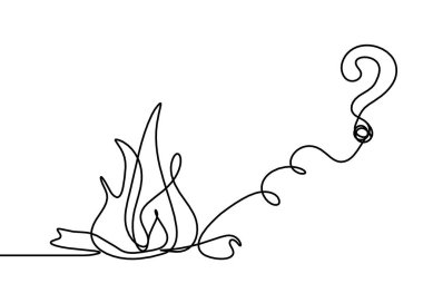 Beyaz arkaplanda çizgi çizimi olarak soru işareti olan soyut ateş