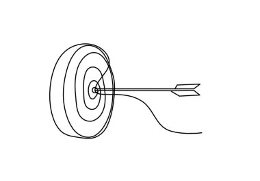 Hedef çemberdeki soyut ok beyaz arkaplanda sürekli çizgi çizimi olarak