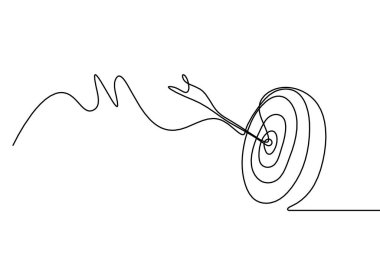 Hedef çemberdeki soyut ok beyaz arkaplanda sürekli çizgi çizimi olarak