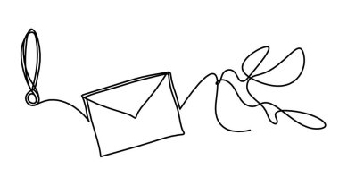 Beyaz arkaplanda çizgi çizimi olarak kuş ve ünlem işaretli soyut kağıt zarf