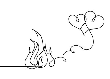 Soyut ateş ve beyaz arkaplan üzerine çizgi olarak kalpler