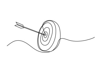Hedef çemberdeki soyut ok beyaz arkaplanda sürekli çizgi çizimi olarak