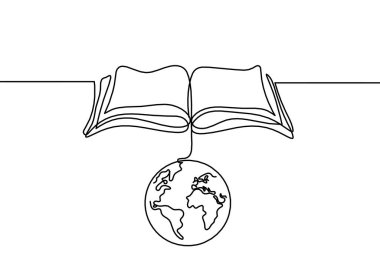 Dünya gezegeninin beyaz arkaplan üzerine çizgi çizimi olduğu soyut açık kitap