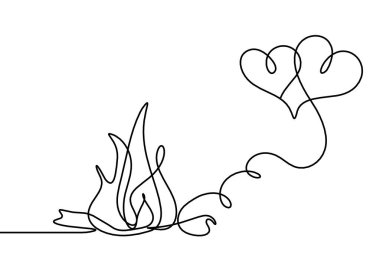 Soyut ateş ve beyaz arkaplan üzerine çizgi olarak kalpler