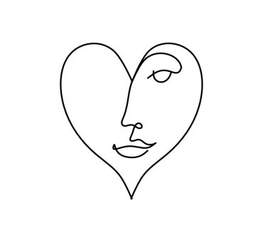 Kadın silueti kalp şeklinde, beyaz üzerine çizgi çizimi gibi.
