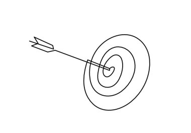 Hedef çemberdeki soyut ok beyaz arkaplanda sürekli çizgi çizimi olarak