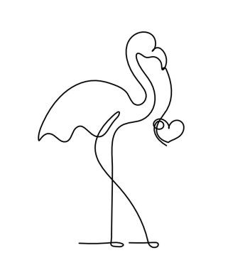 Soyut flamingo silueti, beyaz üzerine çizgi çizen bir kalple.