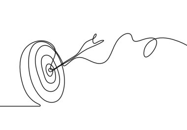Hedef çemberdeki soyut ok beyaz arkaplanda sürekli çizgi çizimi olarak