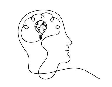 İnsan silueti beyin ve ampulü beyaz arkaplanda çizgi olarak çizilmiş.