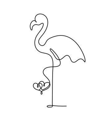 Soyut flamingo silueti, beyaz üzerine çizgi çizen bir kalple.