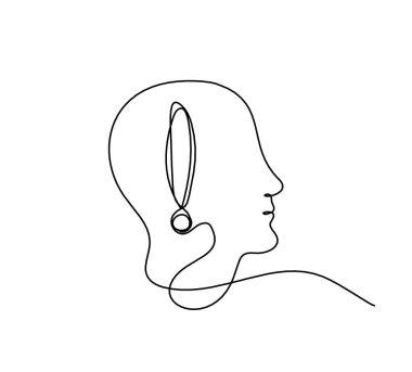 Beyaz arkaplanda çizgi çizimi olarak ünlem işaretli adam silueti profili