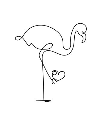 Soyut flamingo silueti, beyaz üzerine çizgi çizen bir kalple.