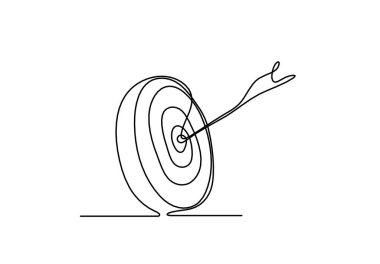 Hedef çemberdeki soyut ok beyaz arkaplanda sürekli çizgi çizimi olarak