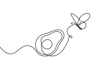 Beyaz arka planda kelebekli avokado çizimi