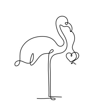 Soyut flamingo silueti, beyaz üzerine çizgi çizen bir kalple.