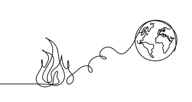 Beyaz arkaplanda çizgi olarak küre ile soyut ateş