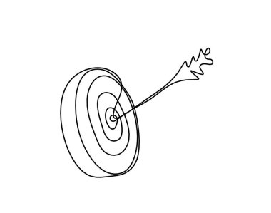 Hedef çemberdeki soyut ok beyaz arkaplanda sürekli çizgi çizimi olarak