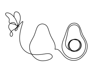 Beyaz arka planda kelebekli avokado çizimi