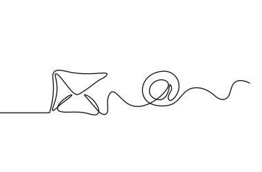 Beyaz arkaplanda çizgi çizimi olarak köpeğe e-posta ile soyut kağıt zarf