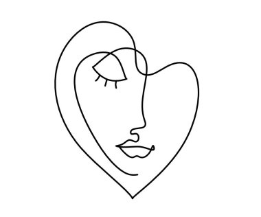 Kadın silueti kalp şeklinde, beyaz üzerine çizgi çizimi gibi.