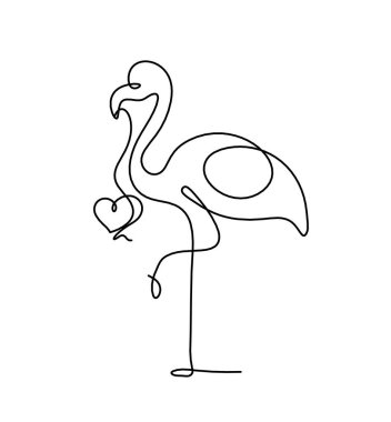 Soyut flamingo silueti, beyaz üzerine çizgi çizen bir kalple.