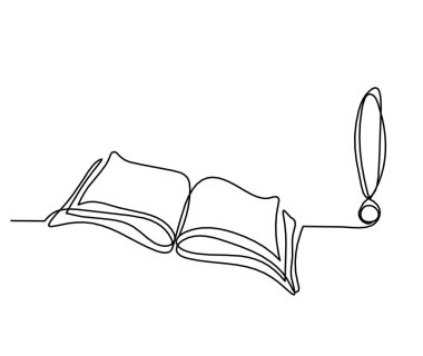 Beyaz arkaplanda çizgi çizimi olarak ünlem işaretli soyut açık kitap