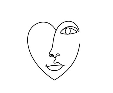 Kadın silueti kalp şeklinde, beyaz üzerine çizgi çizimi gibi.