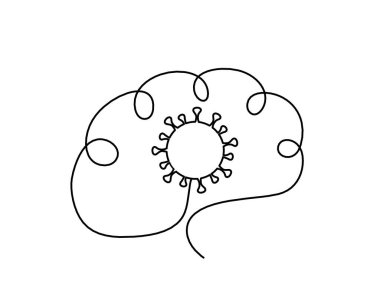 İnsan silueti beyin ve korona virüsü beyaz arkaplanda çizgi çiziyor