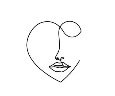 Kadın silueti kalp şeklinde, beyaz üzerine çizgi çizimi gibi.