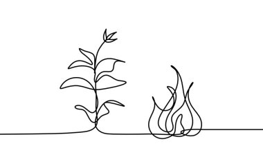 Beyaz arkaplanda çizgi çizimi olarak filizlenen soyut ateş