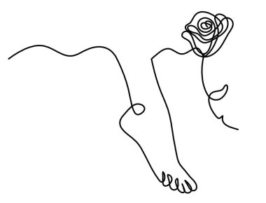 Soyut ayak ve çiçeğin silueti beyaz üzerine çizilen çizgi gibi