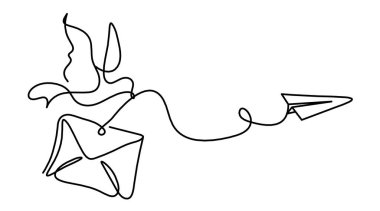 Beyaz arkaplan üzerine çizgi çizimi olarak kuş ve kağıt uçak ile soyut kağıt zarf
